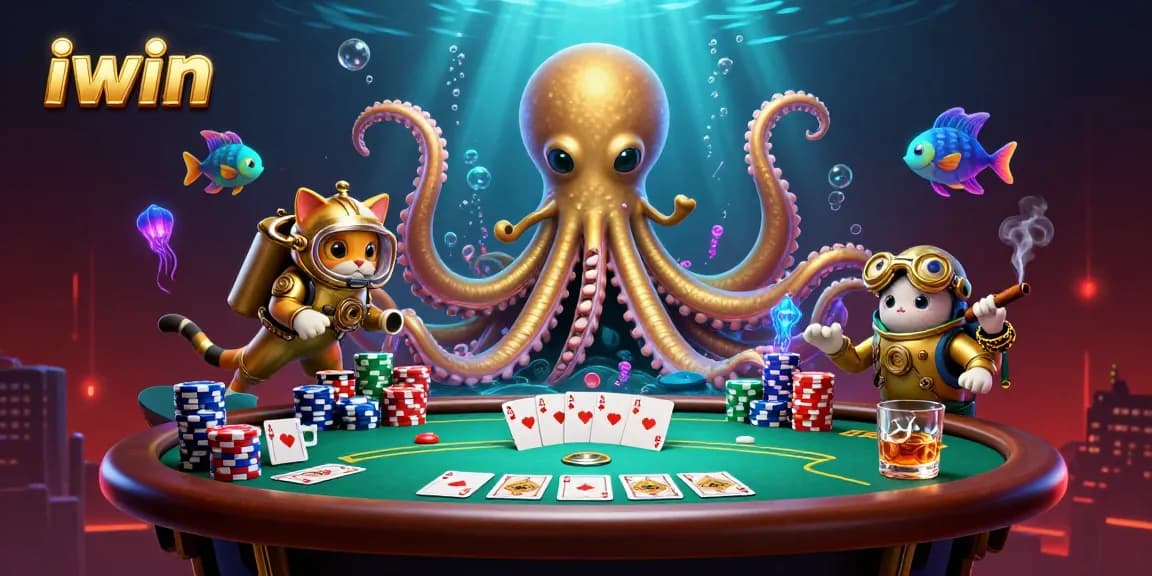 iwin showcases thrilling poker action with a colossal kraken and diving cat amidst vibrant casino elements.