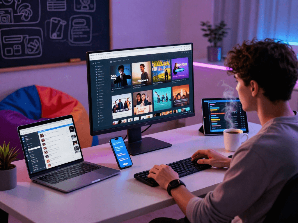 Engaged user exploring the pikashow app on a large monitor in a vibrant tech workspace.