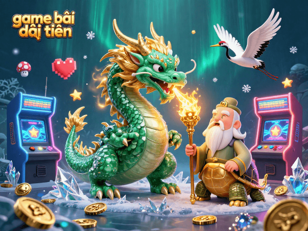 Experience thrilling game bài đổi thưởng with a dragon, turtle sage, and lucky cranes in a vibrant casino illustration.