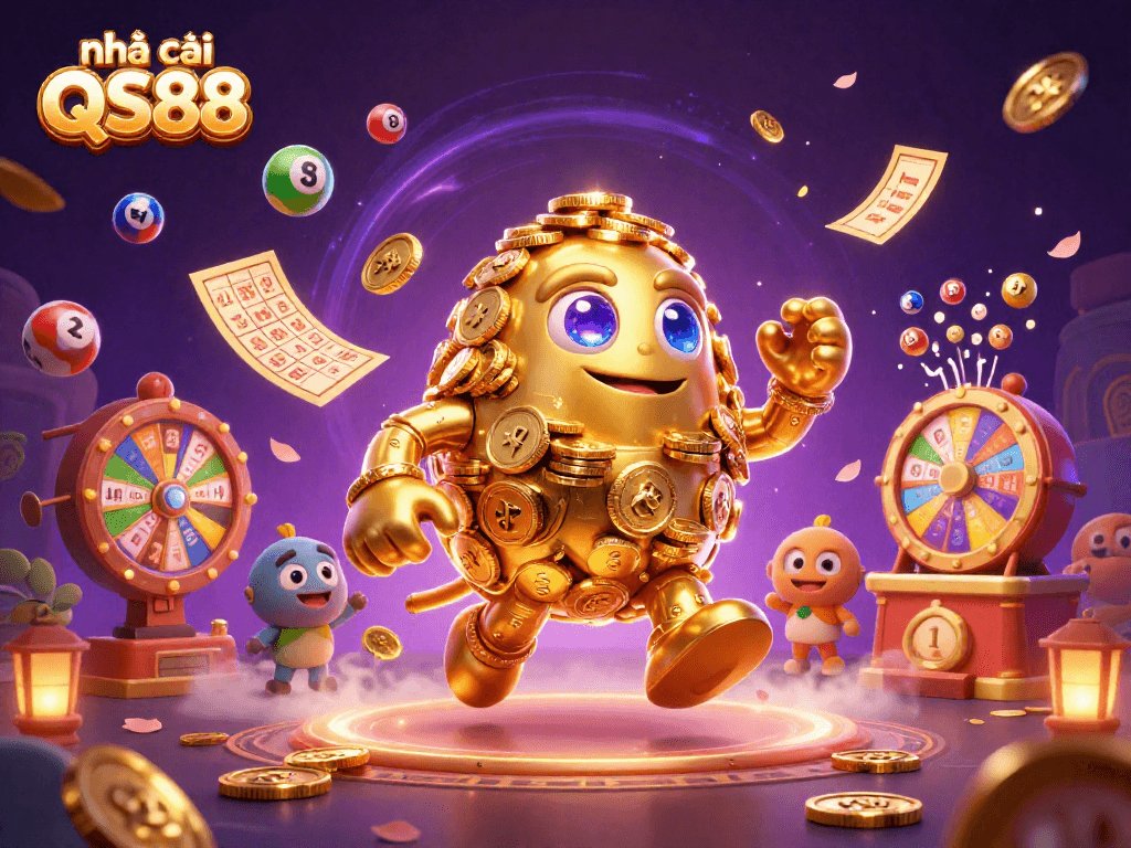 Spin the reels at nhà cái QS88 with vibrant lottery balls and golden gaming elements.