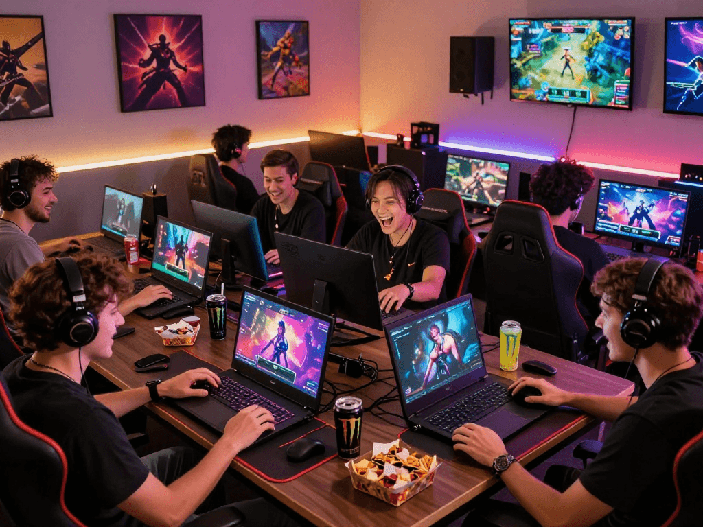 Engaged players enjoying various porn games in a lively gaming lounge