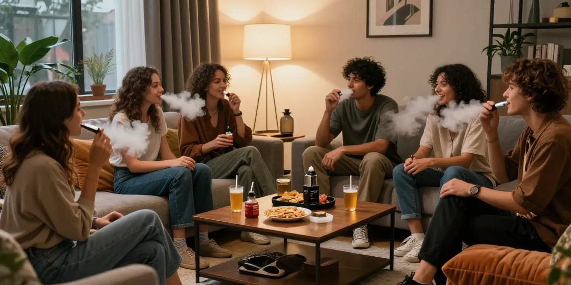 Enjoying THC vape in a cozy urban living room with friends.