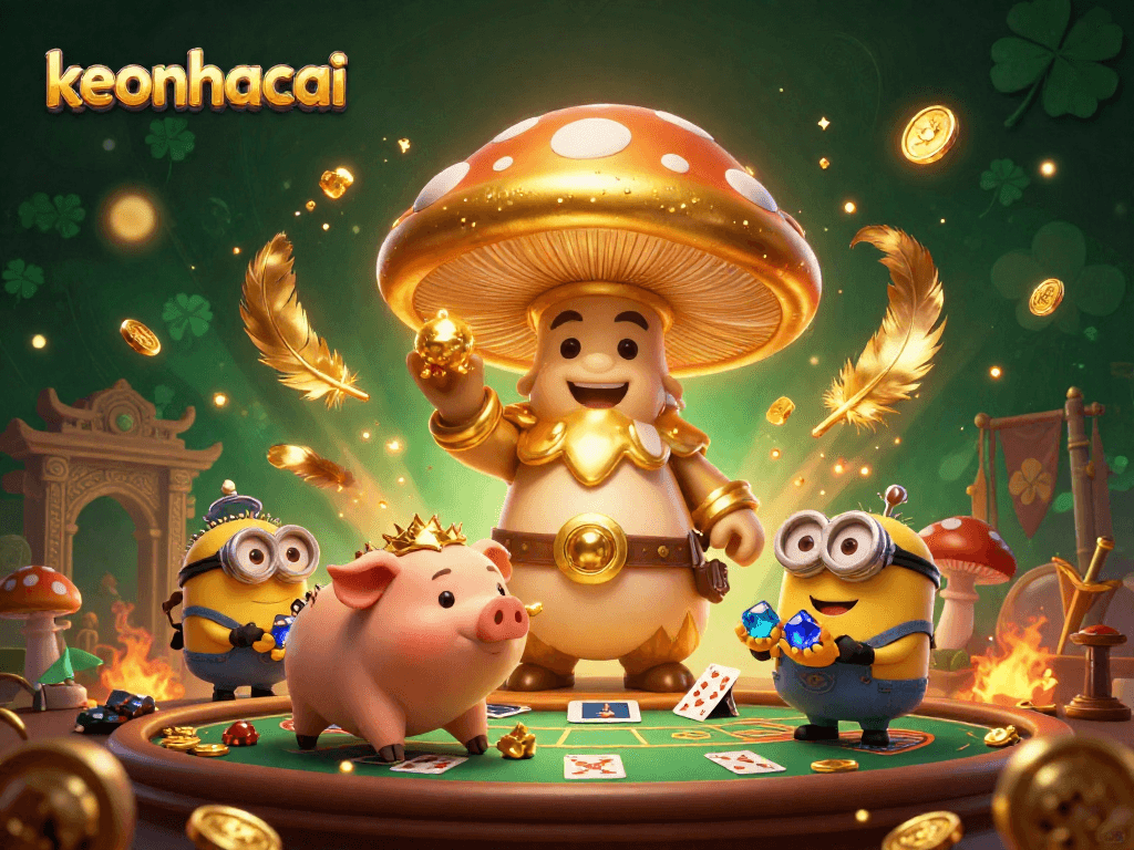 Engage with keonhacai in a vibrant live casino scene with magical golden characters and treasure.