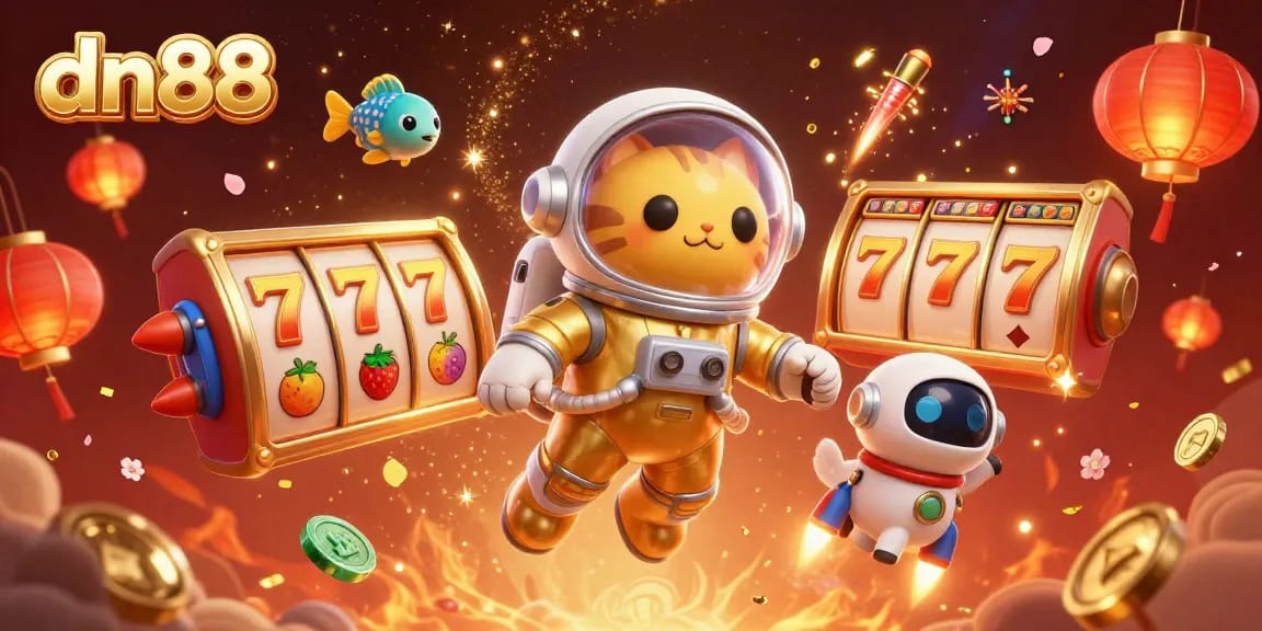 Experience thrilling gaming at dn88 with vibrant 3D illustrations blending space themes and casino excitement.