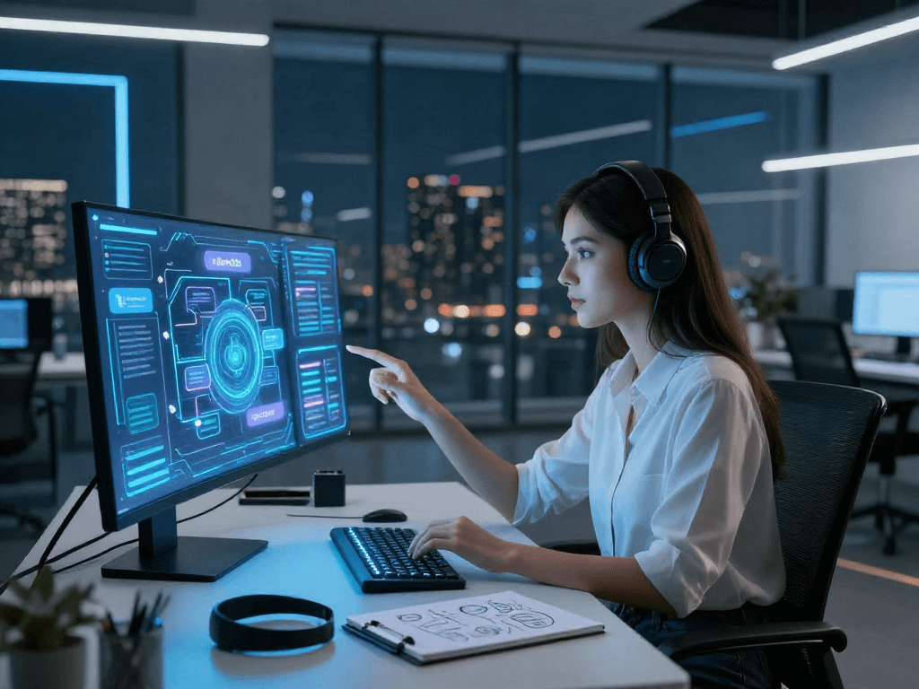Engaging with an nsfw chat bot in a futuristic workspace, showcasing digital interaction.