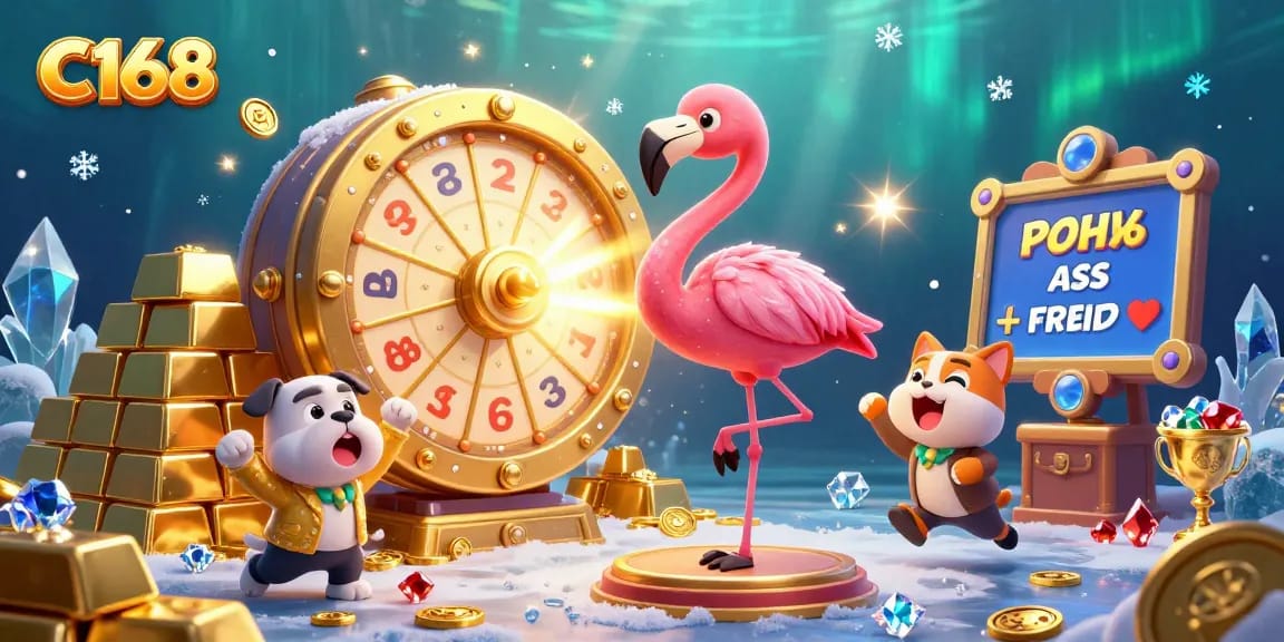 C168 entertains at a dynamic casino scene with a game show host flamingo, bulldog contestant, and scoreboard assistant.