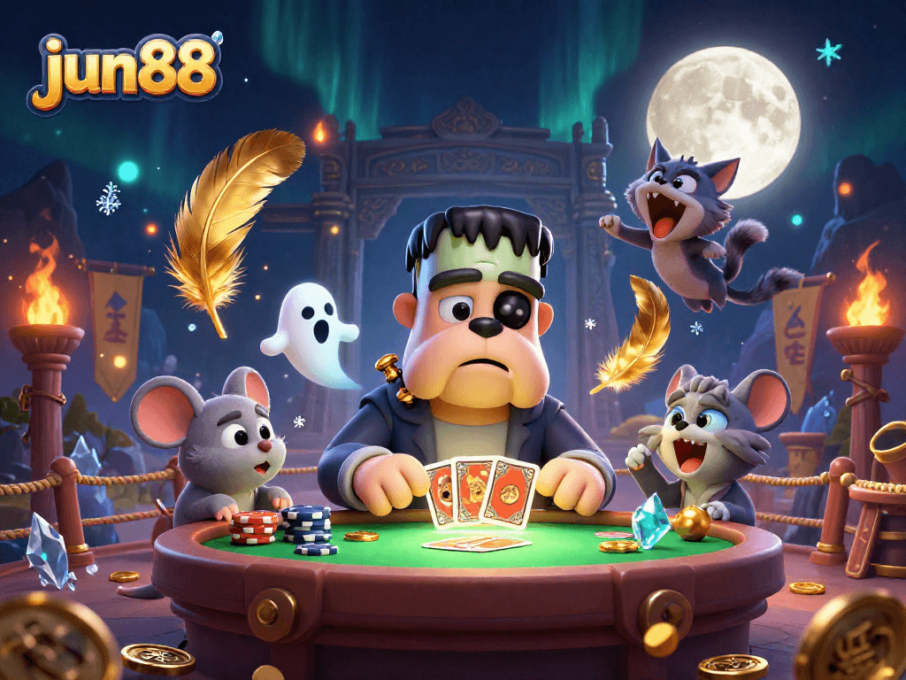 Experience the thrill of jun88 with a vibrant 3D casino scene showcasing unique characters and games.