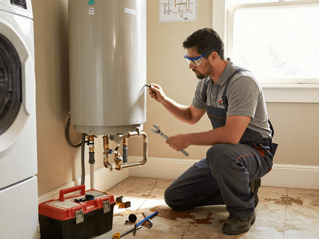 Professional plumber conducting plumbing repair Fort Worth on a water heater in residential setting.