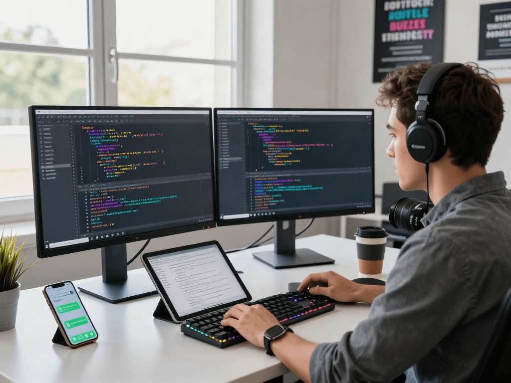 Developer coding with gbwhatsapp notifications in a tech workspace.