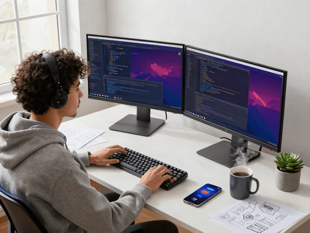 Pikashow app download workspace with a developer coding on multiple monitors in a bright tech environment.