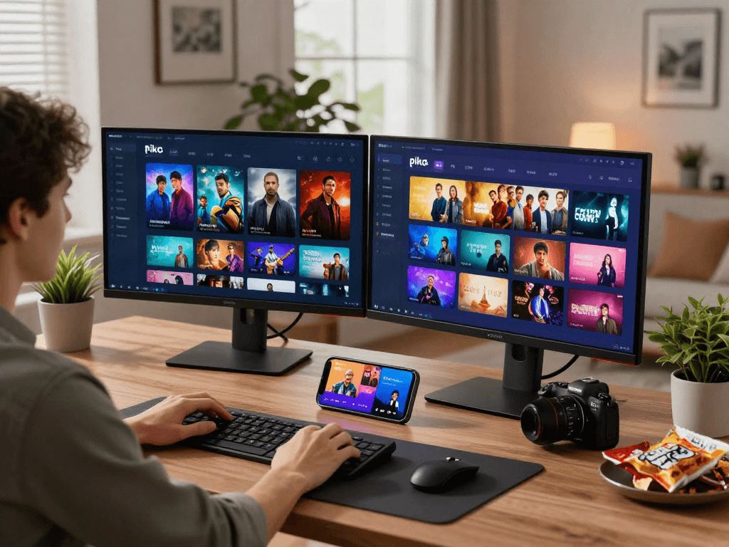 Pikashow apk displayed on dual monitors in a cozy home office setup, showcasing vibrant media streaming experience.
