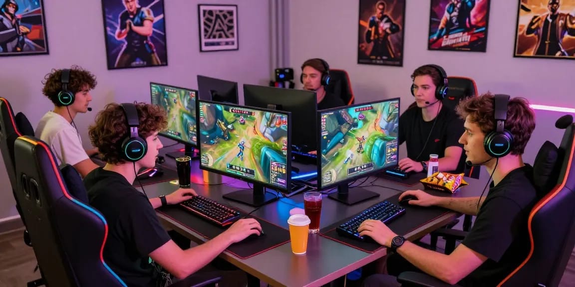 Group of friends playing online games with a competitive spirit, showcasing lucky77 gaming setup.
