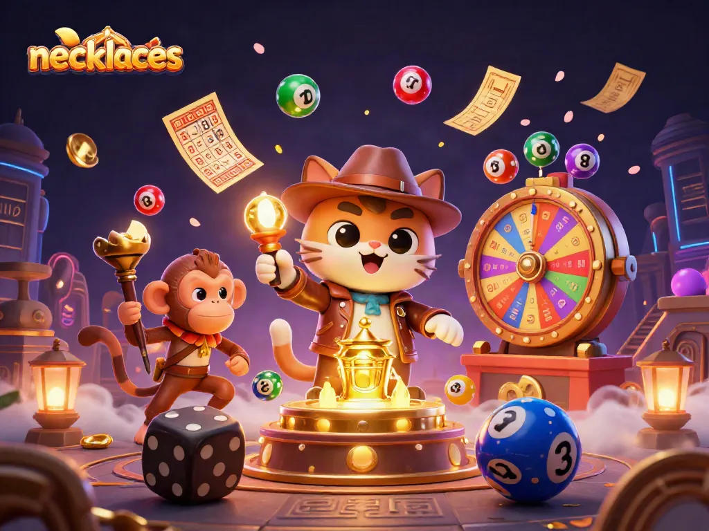 Shop unique necklaces while winning exciting casino prizes with this vibrant 3D illustration.