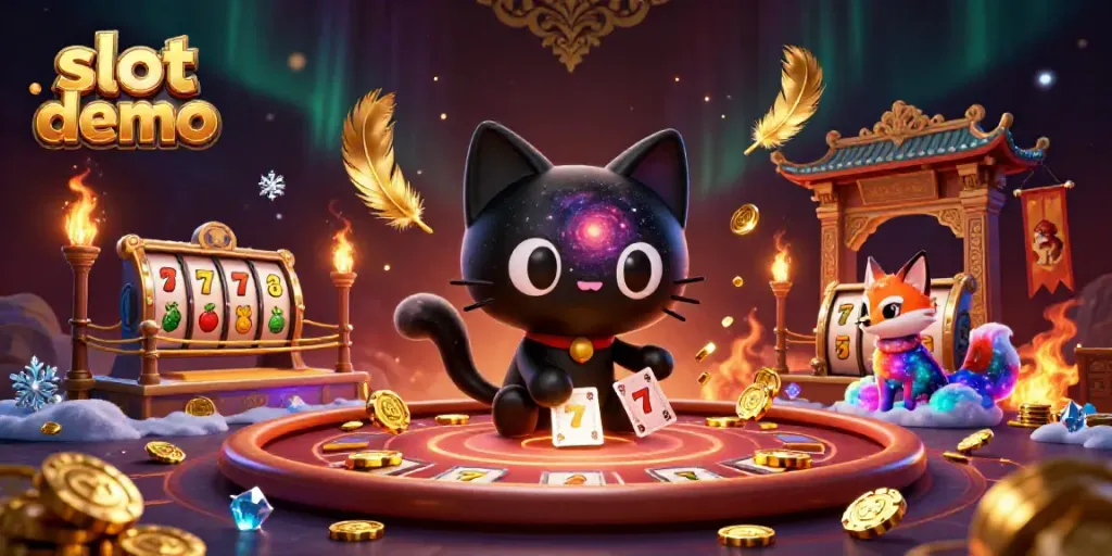 Slot demo yang menarik dengan kucing hitam galaksi dan rubah nebulous di meja kasino.