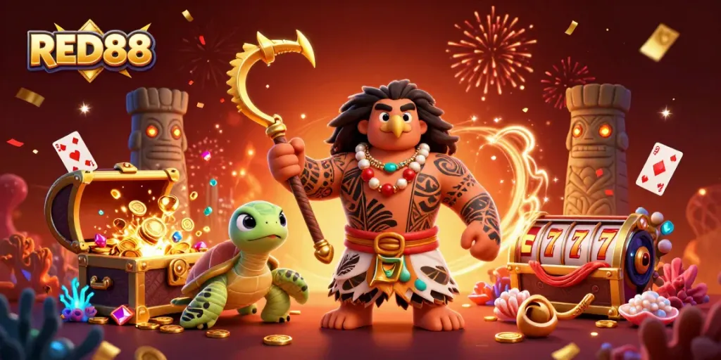 Experience the thrill of RED88 with a vibrant casino-themed 3D illustration featuring engaging characters and lively elements.