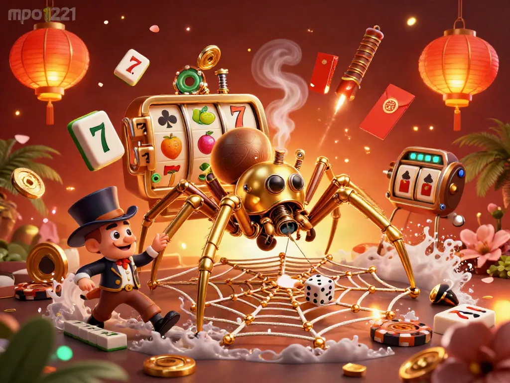 Experience the thrill of mpo1221 with a vibrant 3D scene of a steampunk spider and gambling symbols.