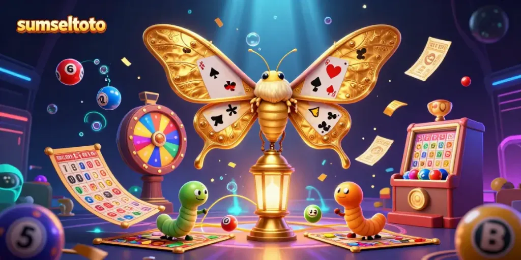 Engage with sumseltoto's vibrant atmosphere featuring golden casino scenes and colorful lottery elements.