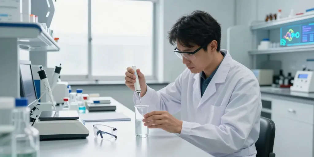 Researcher measuring 3ml bac water in laboratory, showcasing precision and scientific equipment.