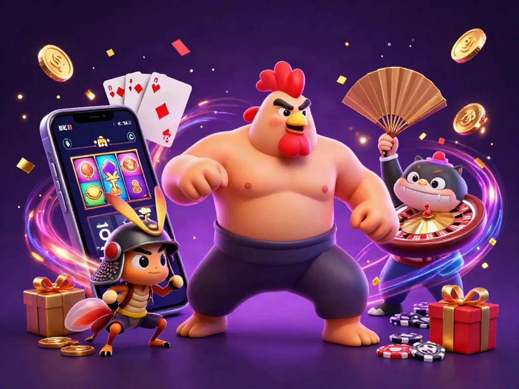 Experience vibrant gaming with BK8 chính thức featuring a samurai cricket, sumo wrestler, and tanuki announcer.
