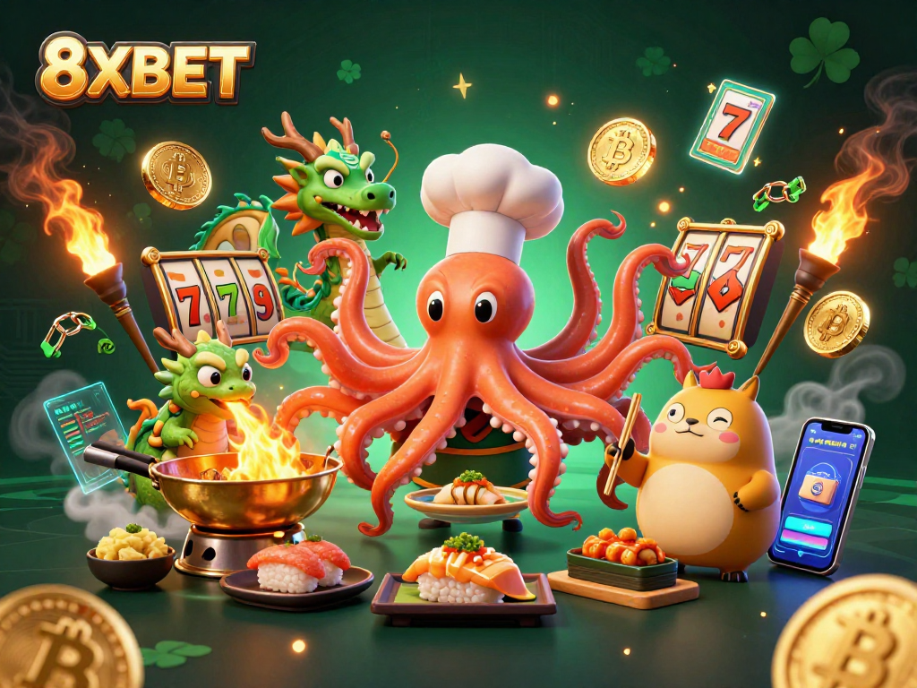 Engage with 8XBET through an exciting 3D scene featuring dynamic casino elements and playful characters.