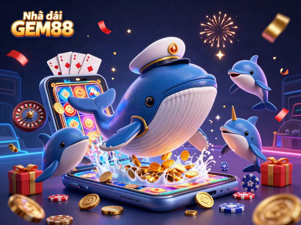 Experience thrilling wins at Nhà cái GEM88 with playful dolphins and a whale breaching through coins.