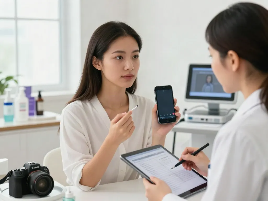 Young woman receiving facial analysis, exploring alternatives to QOVES.