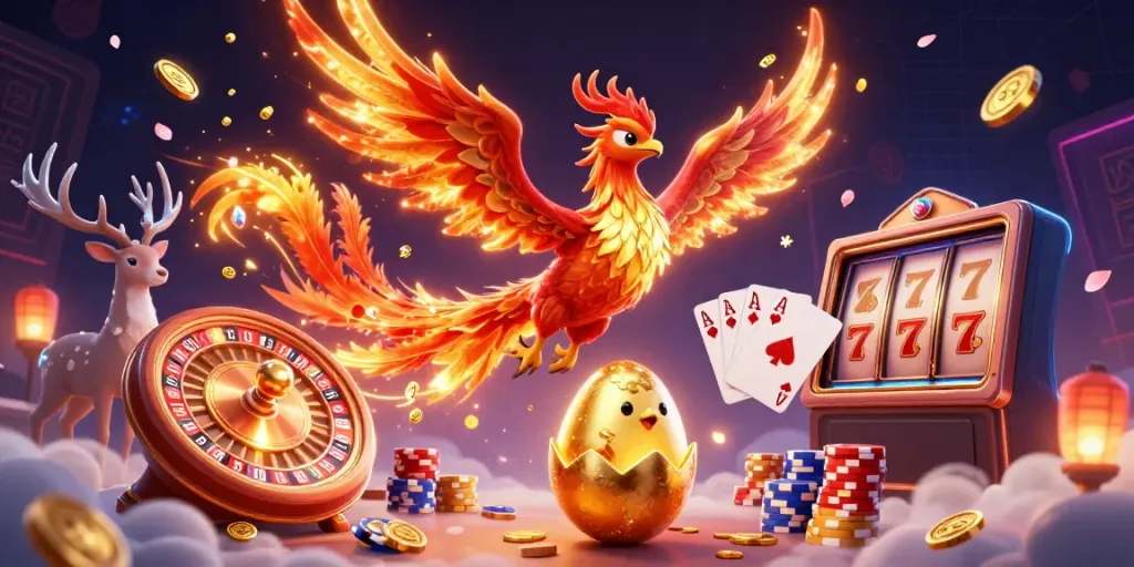 Experience thrilling QQ SLOT excitement with vibrant phoenixes and sparkling casino elements.
