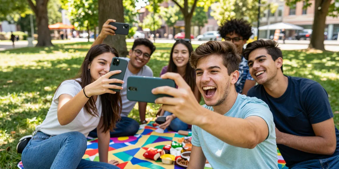 Friends taking selfies in the park to find out how old do I look, capturing joyful moments and sharing laughter.