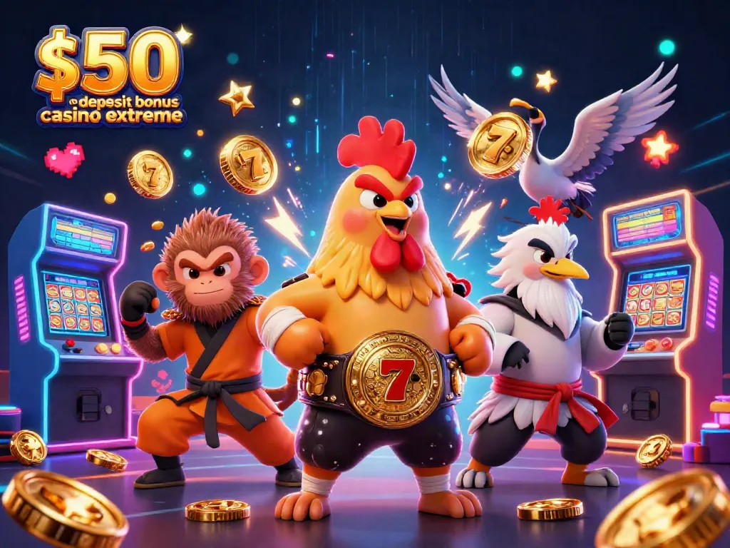 $50 no deposit bonus casino extreme encapsulated in a vibrant, action-packed casino scene featuring cartoon characters and slot games.