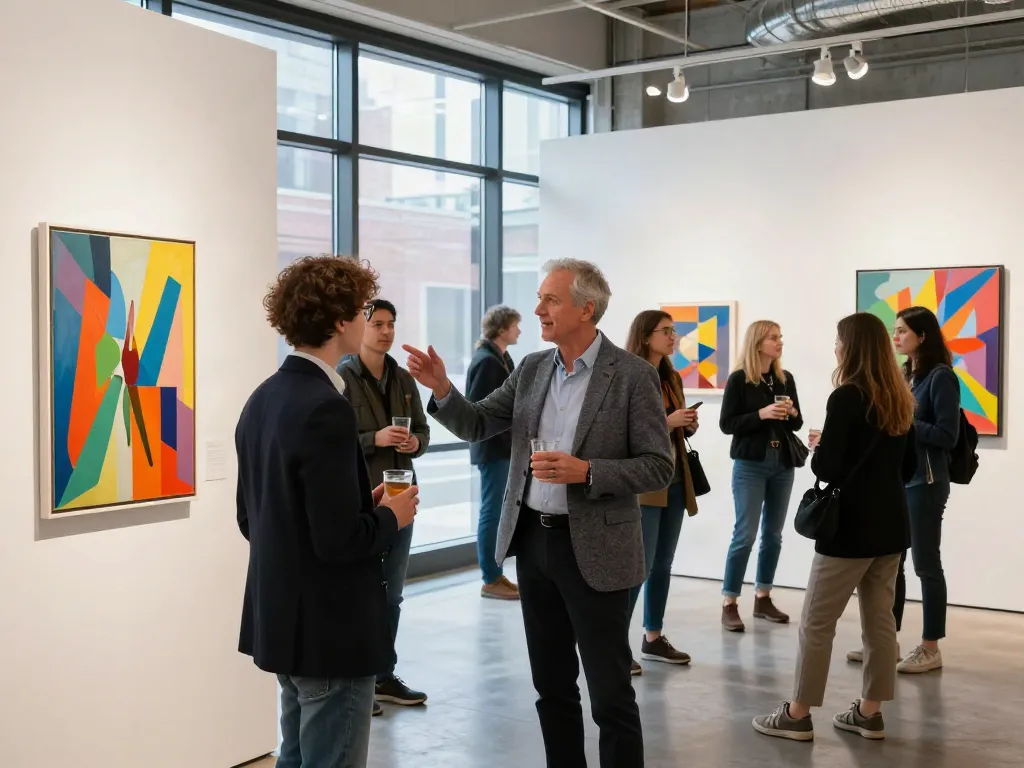 Bruce Bailey in a Toronto art gallery engaging with artists, vibrant contemporary art surrounds