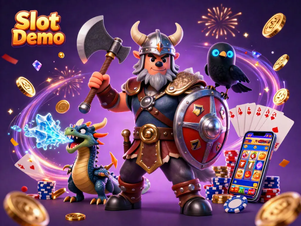 Spin the Slot Demo with a Viking warrior and dragon in a dramatic 3D casino scene