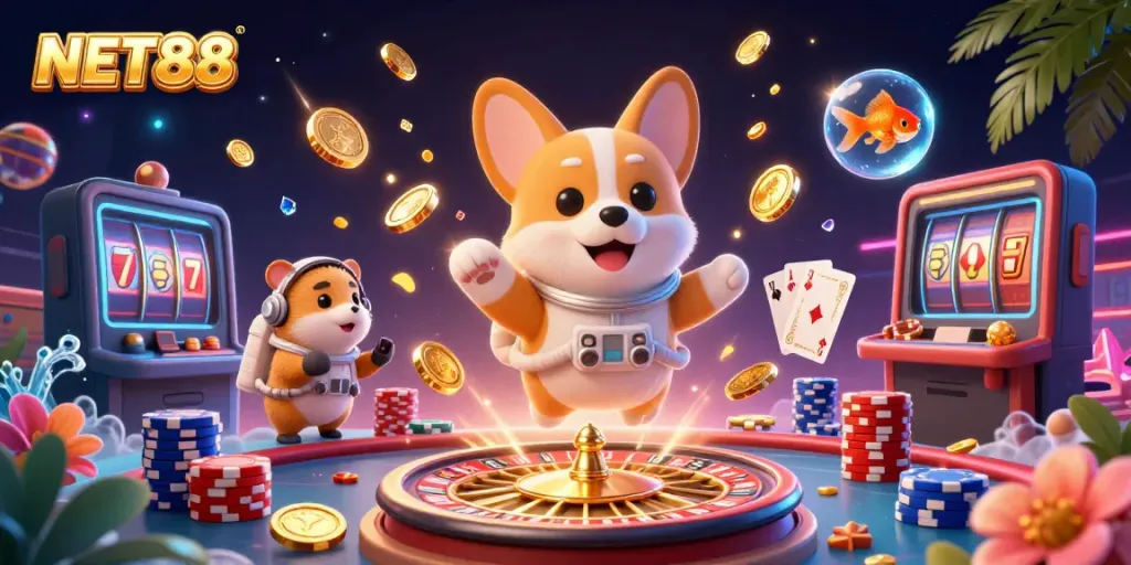 NET88's vibrant and dynamic casino atmosphere depicted with a corgi astronaut amid floating coins and game elements