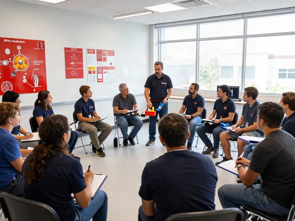 Engaged participants in NFPA Certification Training workshop demonstrating fire safety techniques in a professional setting.