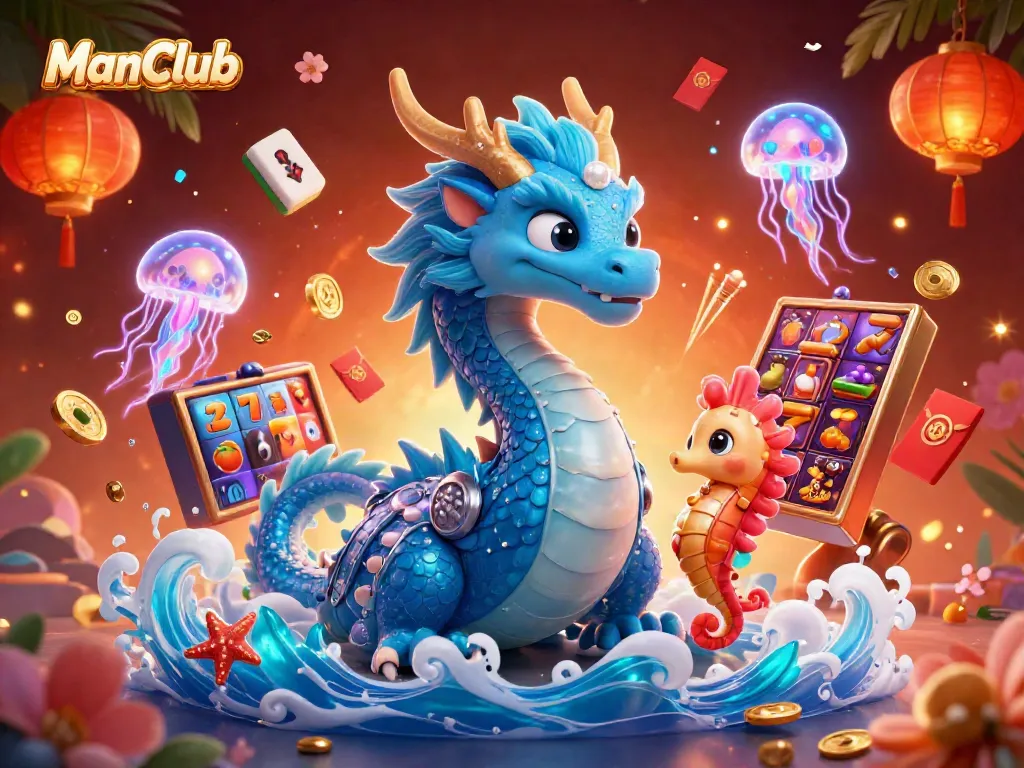 Engage in thrilling gameplay at ManClub with vibrant symbols, a majestic water dragon, and interactive casino elements.