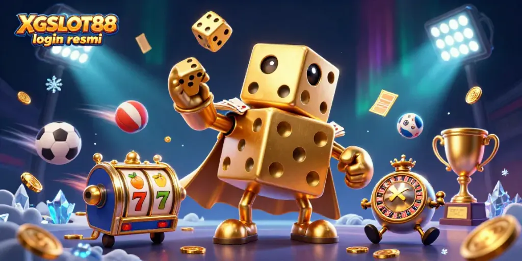 Memperlihatkan gambaran XGSLOT88 login resmi dengan dadu emas raksasa dan elemen permainan slot yang mengagumkan.