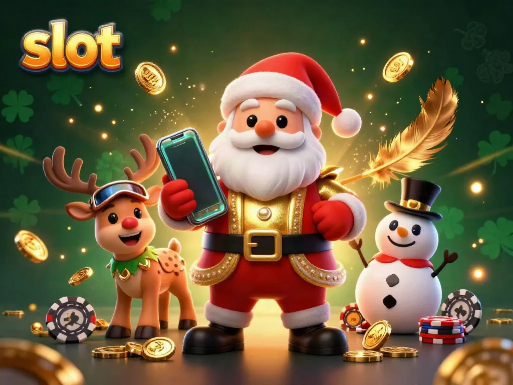 Santa Claus celebrating a jackpot win on a slot machine with festive companions in a vibrant casino.