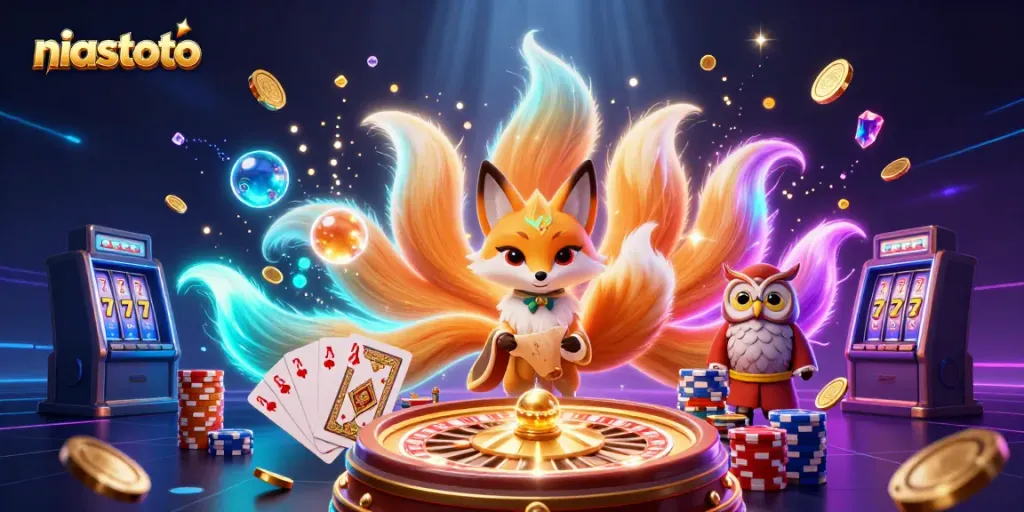 Experience niastoto with a vibrant illustration of a magical casino scene featuring a nine-tailed fox and an owl sage.