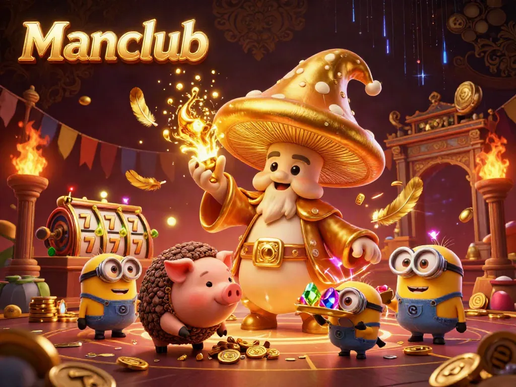 Engaging Manclub casino scene with a golden mushroom wizard and exciting gambling elements.