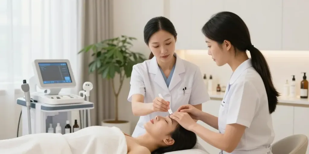 Patient learning about KLOW peptide therapy in a serene clinic.