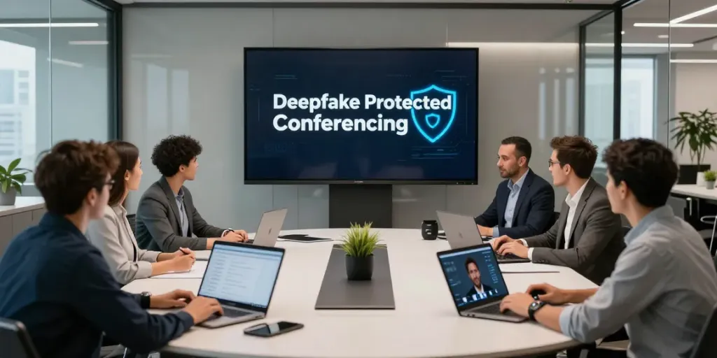 Deepfake protected Conferencing session with secure video feeds in a modern office.