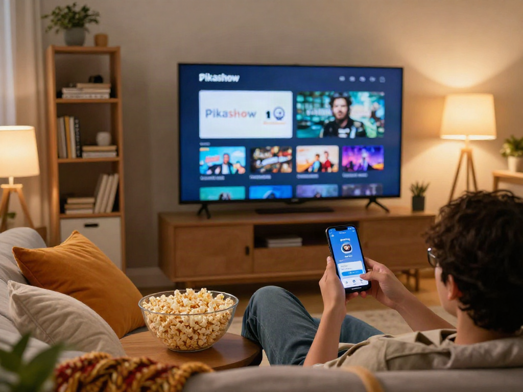 Engaging scene of a user enjoying the Pikashow app in a cozy living room for streaming entertainment.