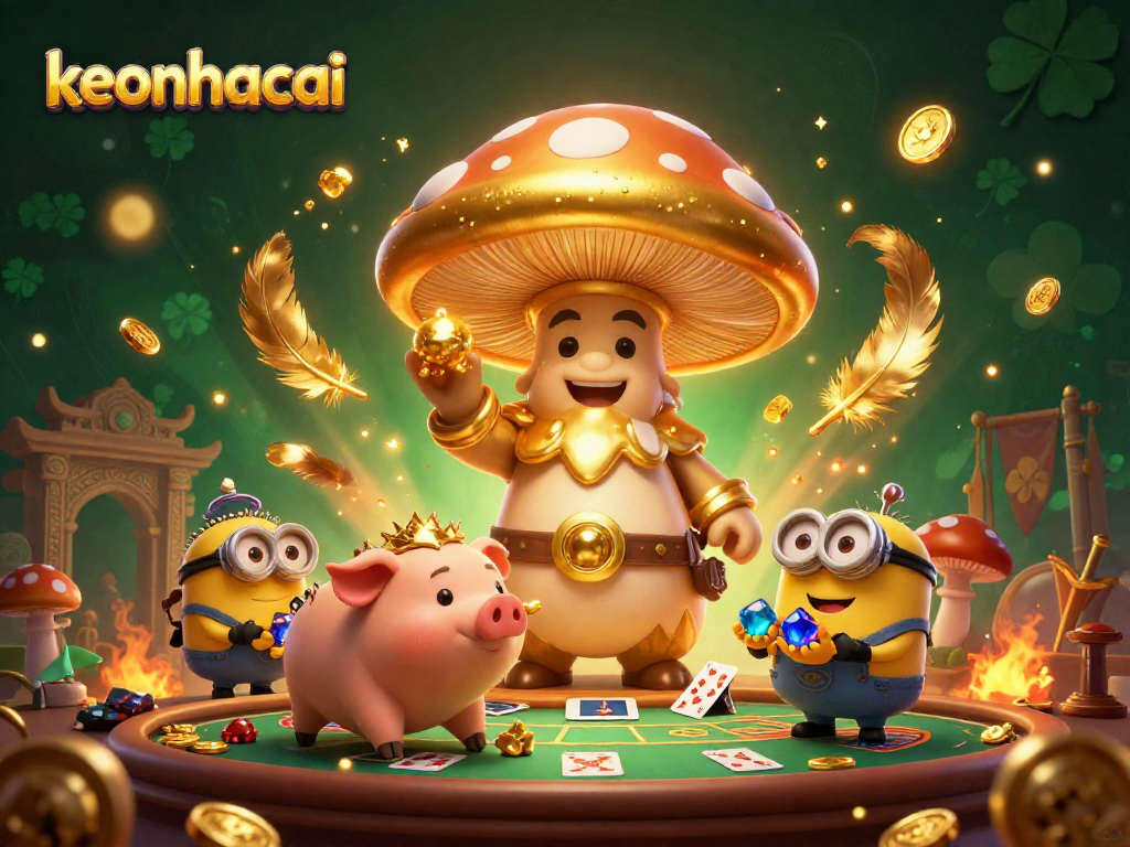 Engage with keonhacai in a vibrant live casino scene with magical golden characters and treasure.