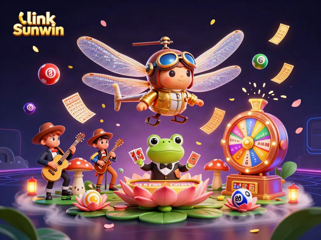 Win big with link Sunwin, featuring a vibrant casino scene with a dragonfly pilot and frog croupier.