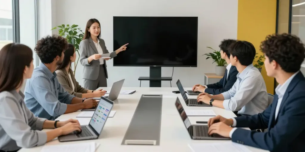 Team collaborating in a modern office focusing on strategies for super fast replies in communication.