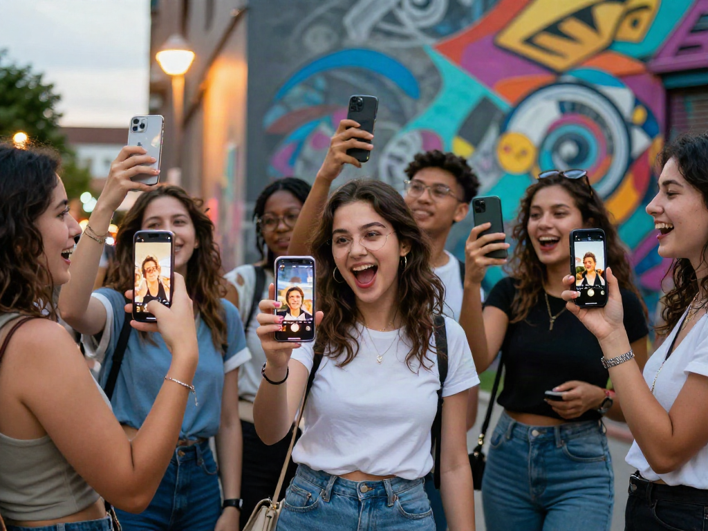 Group of friends joyfully discovering celebrity look alike results outdoors in vibrant urban setting.