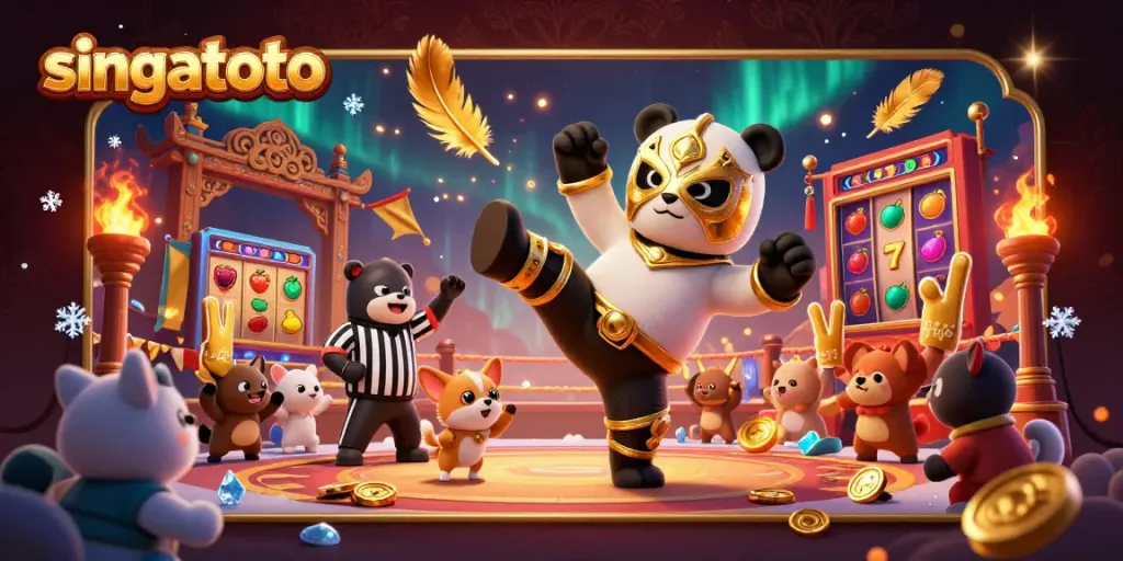 Experience excitement at singatoto with a dynamic wrestling scene featuring animated animal characters and slot game elements.