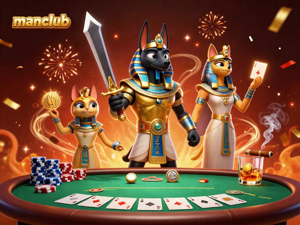 Experience thrilling gameplay at manclub with a vibrant poker scene featuring Anubis and Bastet and dynamic game elements.