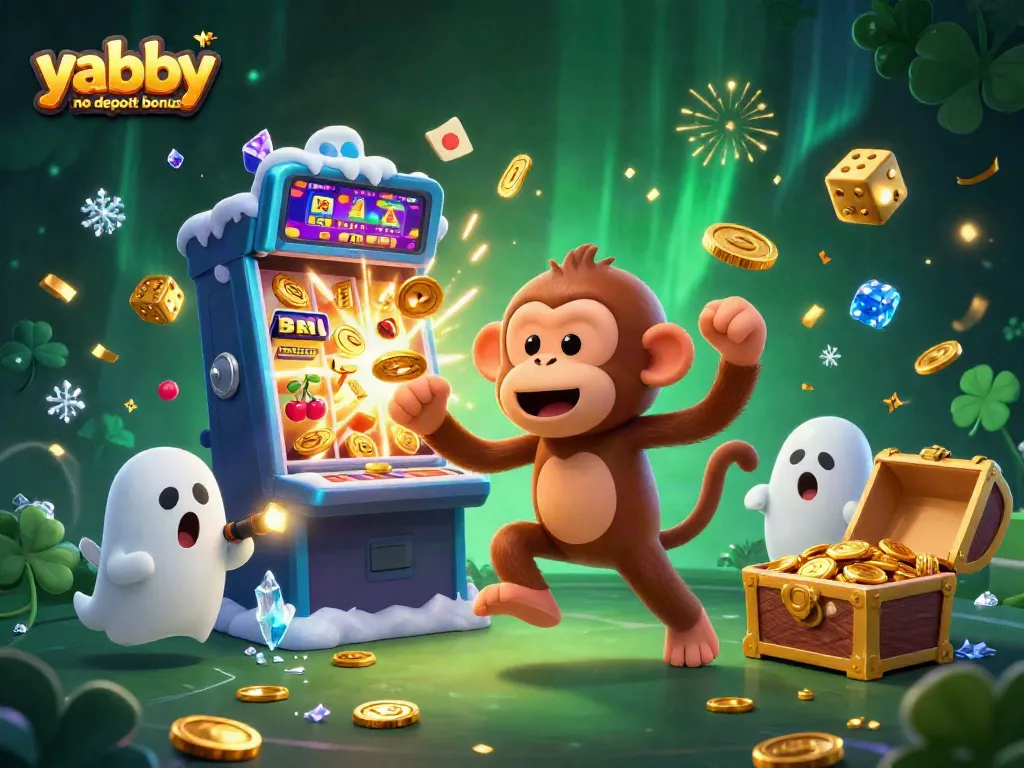Play with the exciting yabby no deposit bonus in a vibrant, animated casino scene filled with jackpots and treasures.