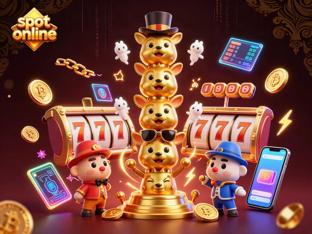 Play slot online with vibrant 3D illustrations featuring casino elements and cryptocurrency symbols.