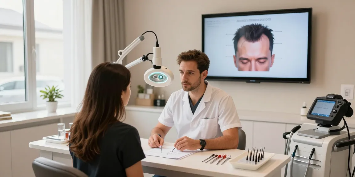 Hair transplant Istanbul consultation with a surgeon discussing personalized plans in a modern clinic.
